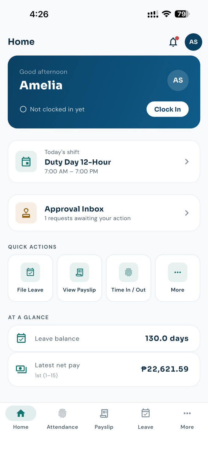 ADAMM mobile app home screen showing clock in, today’s shift, approval inbox, leave balance and latest net pay