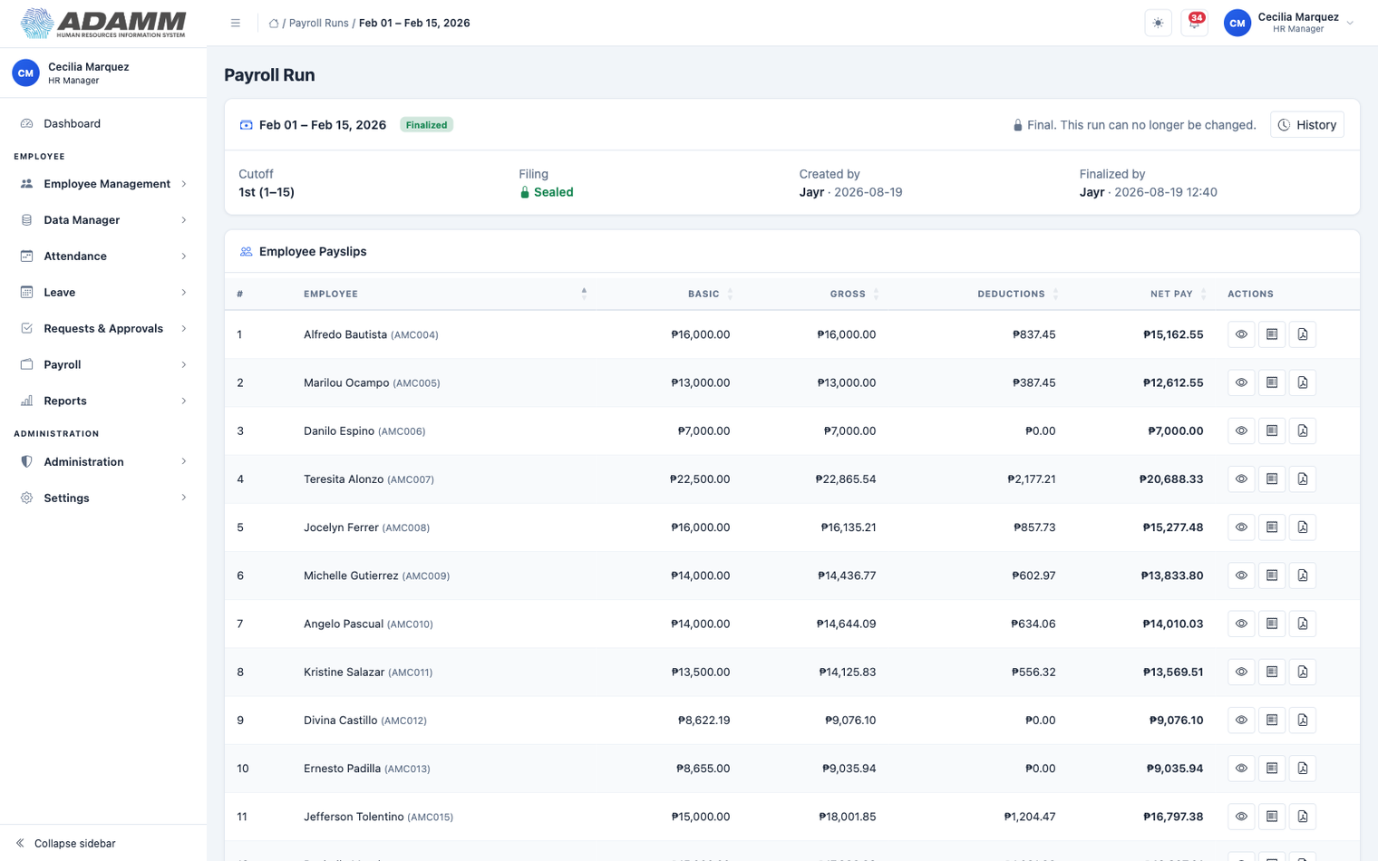 ADAMM payroll run screen: a finalized 1 to 15 February semi-monthly cutoff listing every employee with basic pay, gross, deductions and net pay in Philippine pesos